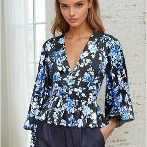 Yumi Kim Floral Wrap Peplum Top – Black & Blue